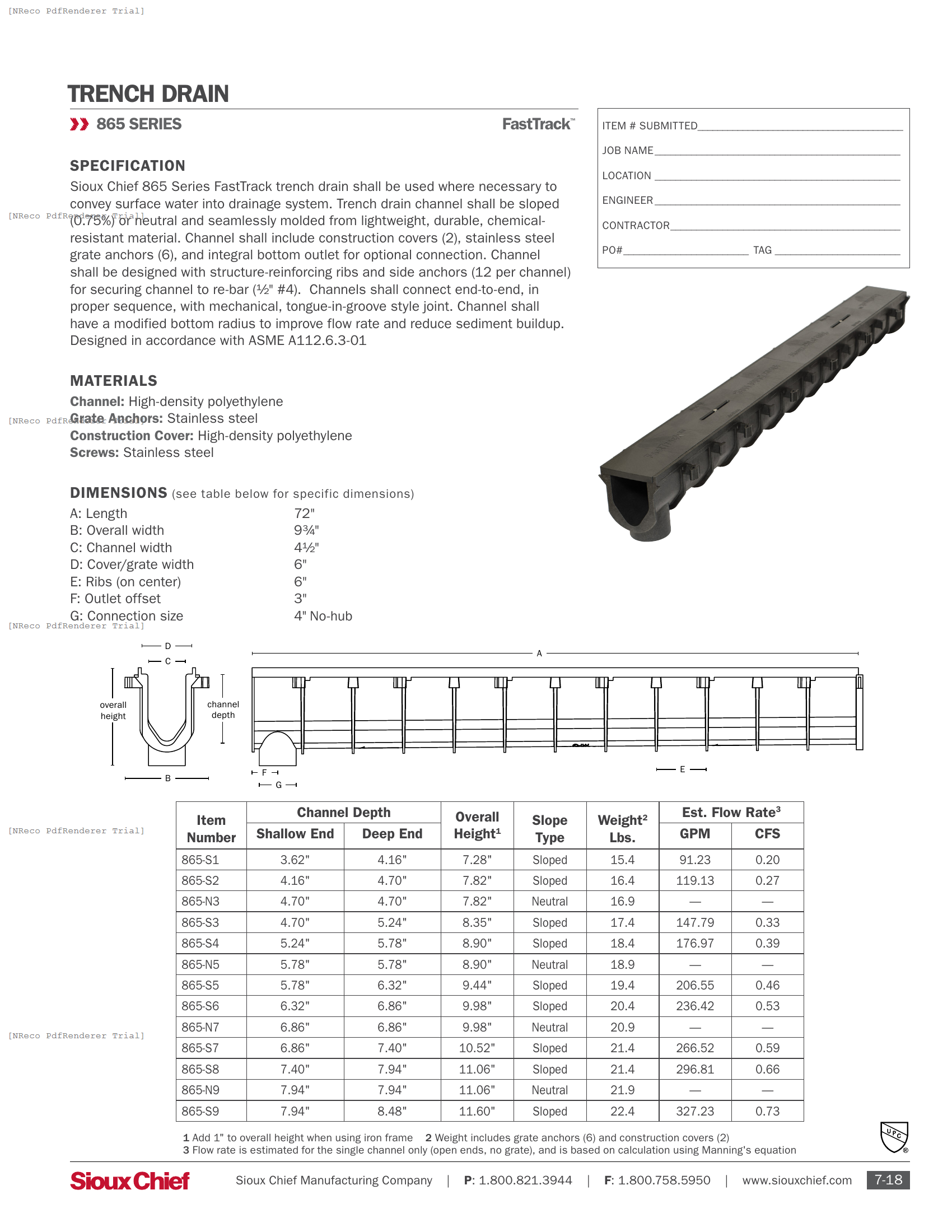 865 SERIES - FASTTRACK TRENCH DRAIN - SPEC SHEET.PDF Specification Document